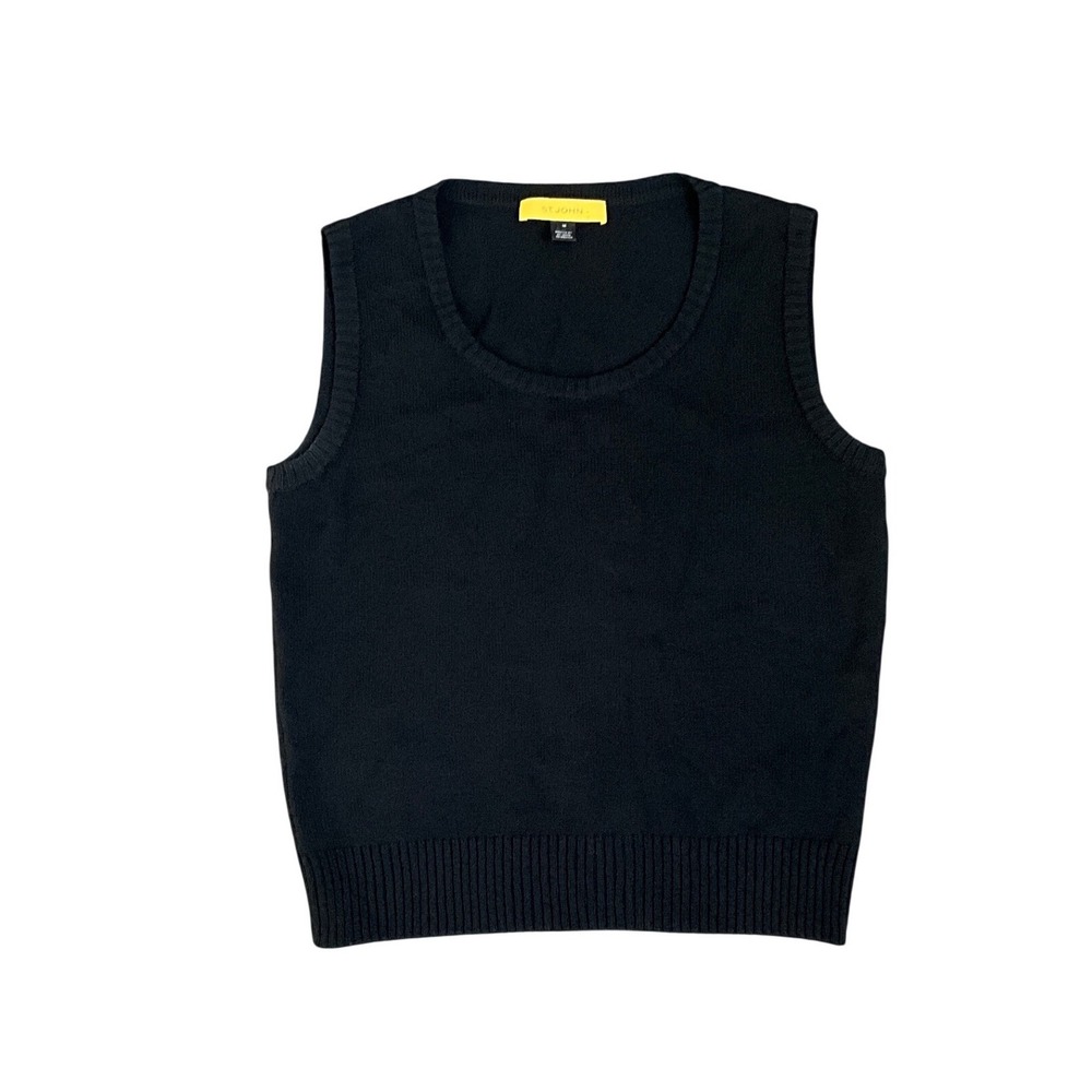 St. John Black Wool Rayon Knit Tank Sweater Shell Sleeveless Career Office M